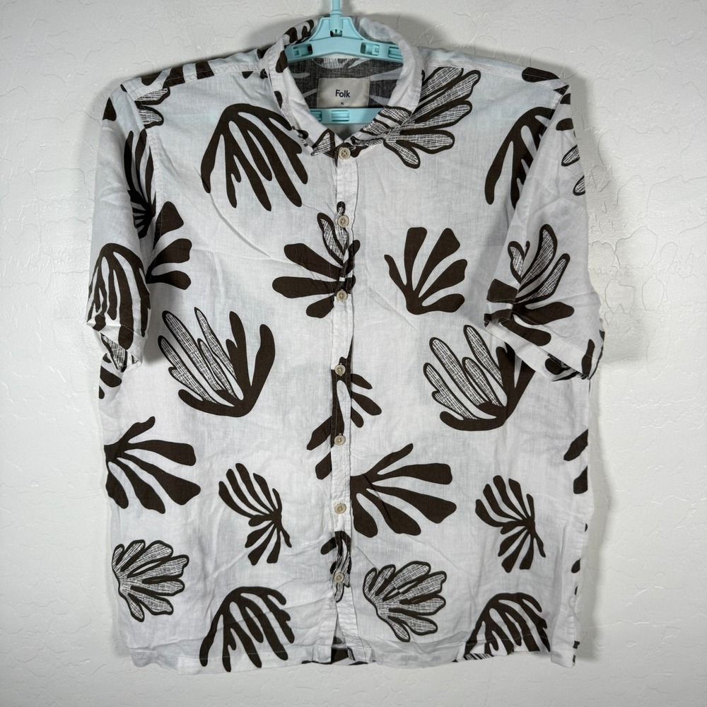 Folk Shirt Mens XL White Brown Leaf Print Linen Blend Short Sleeve Casual Beach
